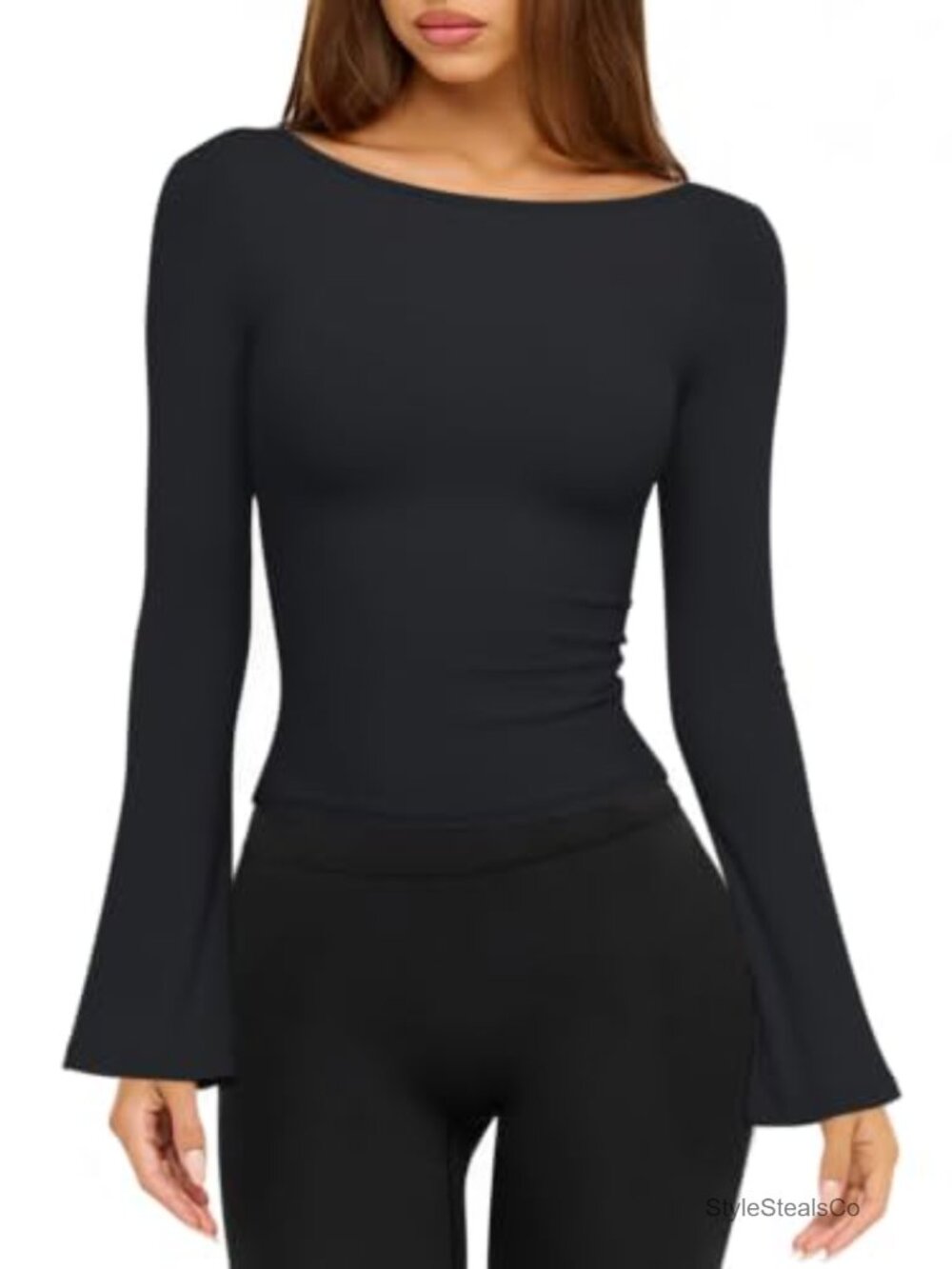 Womens Bell Long Sleeve Workout Top Slim Gym Pilates Shirt Boat Neck